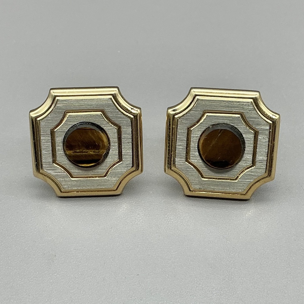 Vintage Cufflinks Tiger Eye Cabochon Gold Silver Tone Geometric Men's Jewelry